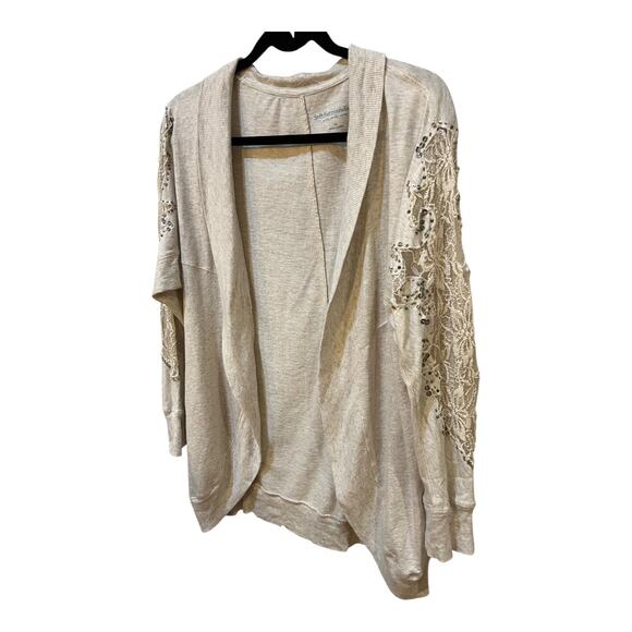 Soft Surroundings Beige Open Front 100% Cotton Lace Beaded Cardigan Size Medium - Picture 1 of 7